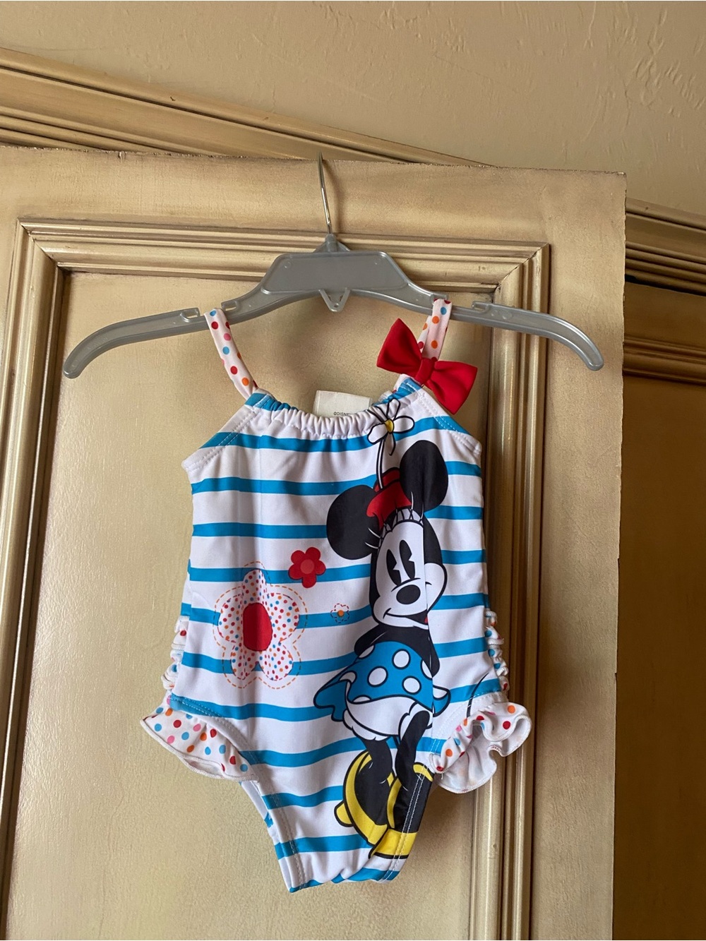 Disney Baby Blue White Minnie Mouse One-Piece Swimsuit 3-6M Striped Ruffle Bow